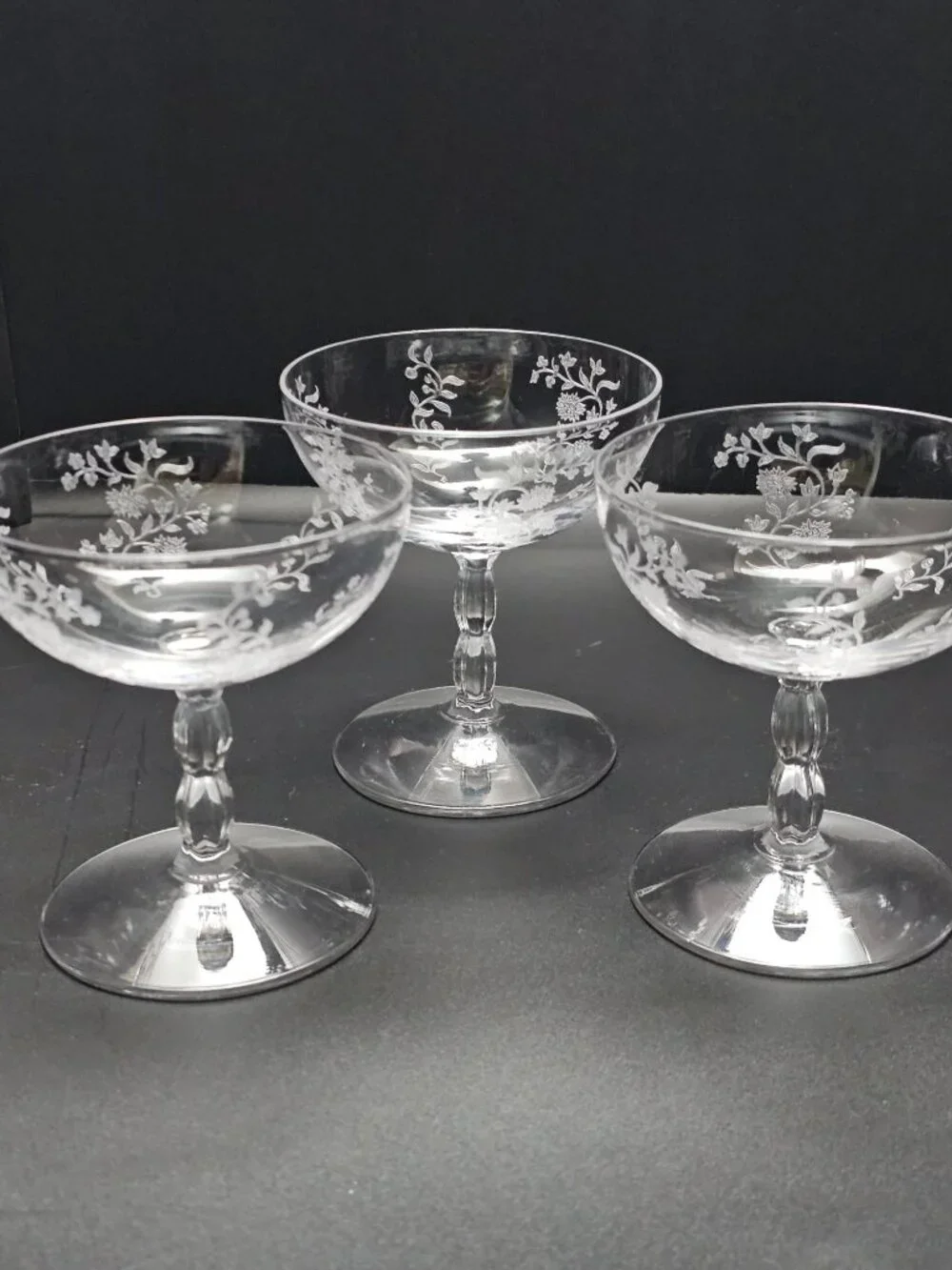 3 Fostoria Rambler Champagne Coupe Glasses vtg Floral Etched elegant 1950s